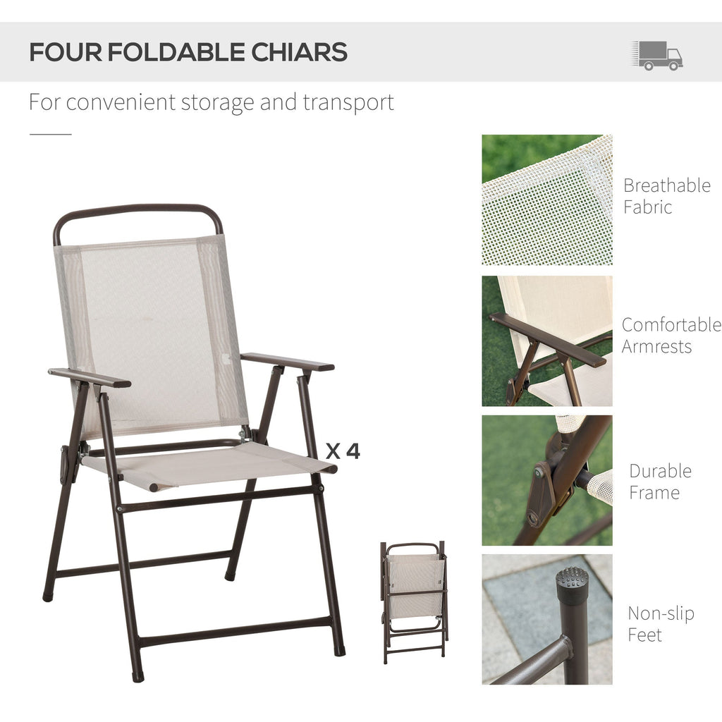 6 Piece Outdoor Dining Sets for 4 with Umbrella, 4 Folding Chairs & Round Glass Table, Beige