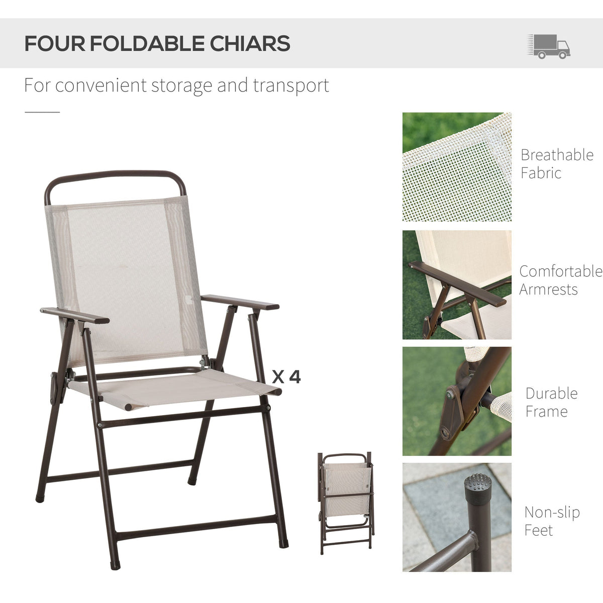 6 Piece Outdoor Dining Sets for 4 with Umbrella, 4 Folding Chairs & Round Glass Table, Beige