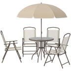 6 Piece Outdoor Dining Sets for 4 with Umbrella, 4 Folding Chairs & Round Glass Table, Beige