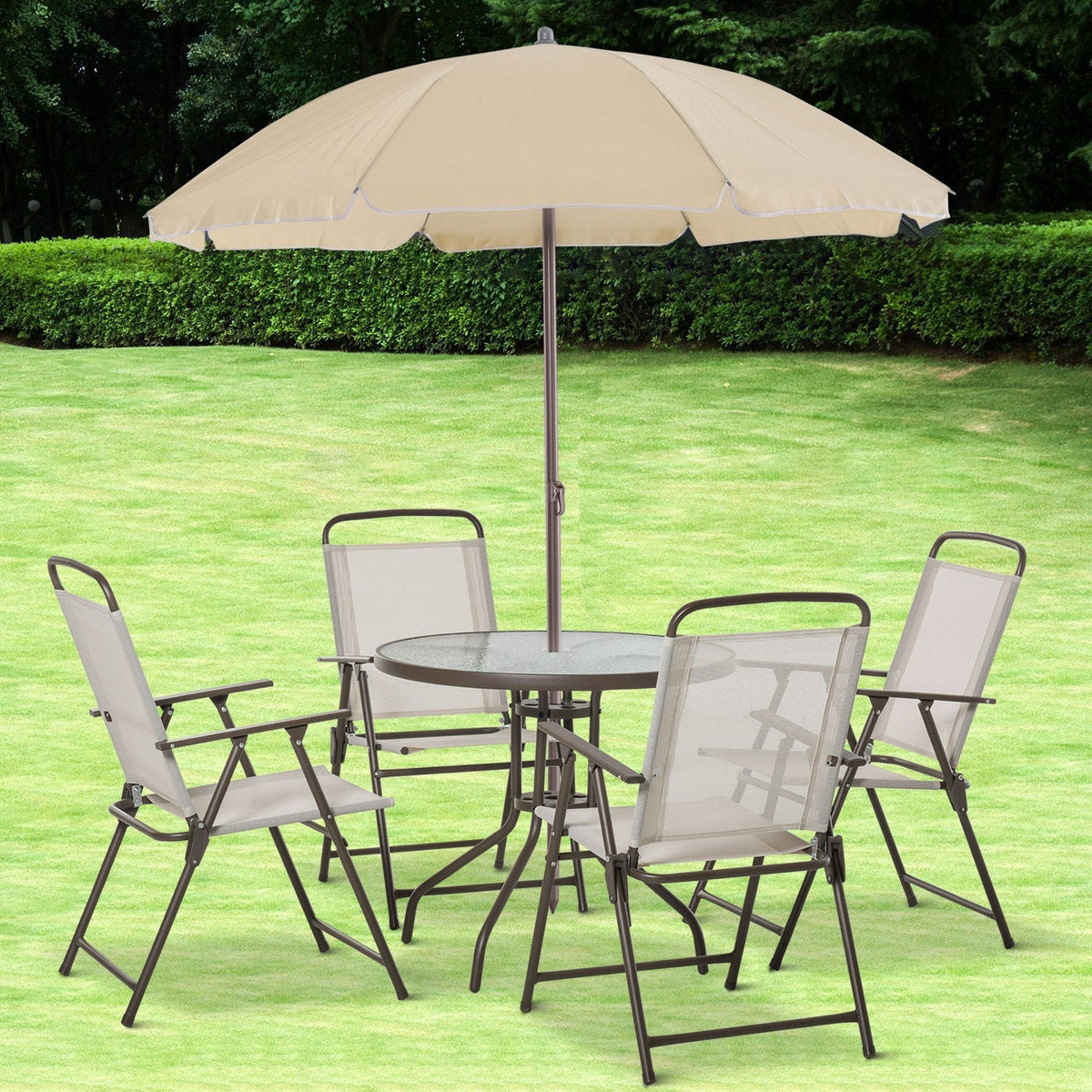 6 Piece Outdoor Dining Sets for 4 with Umbrella, 4 Folding Chairs & Round Glass Table, Beige