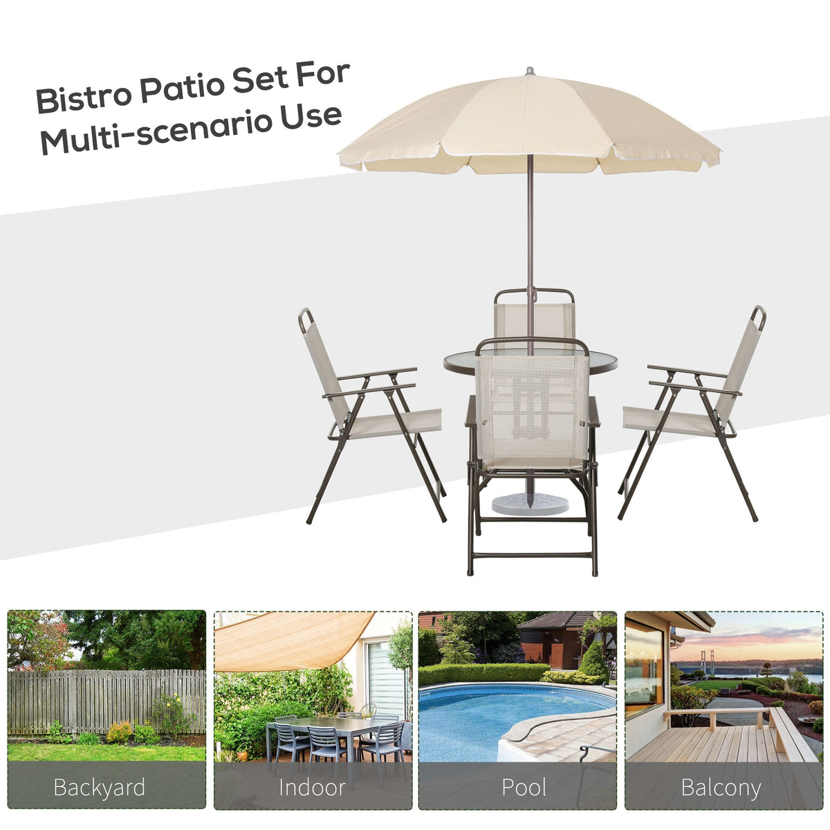 6 Piece Outdoor Dining Sets for 4 with Umbrella, 4 Folding Chairs & Round Glass Table, Beige