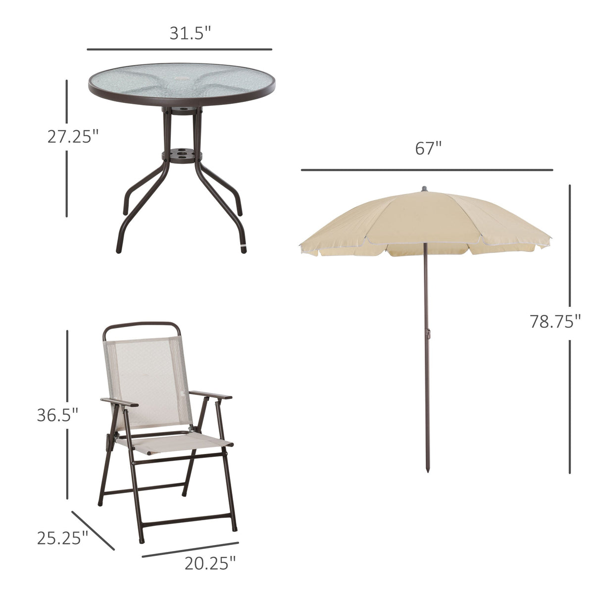 6 Piece Outdoor Dining Sets for 4 with Umbrella, 4 Folding Chairs & Round Glass Table, Beige