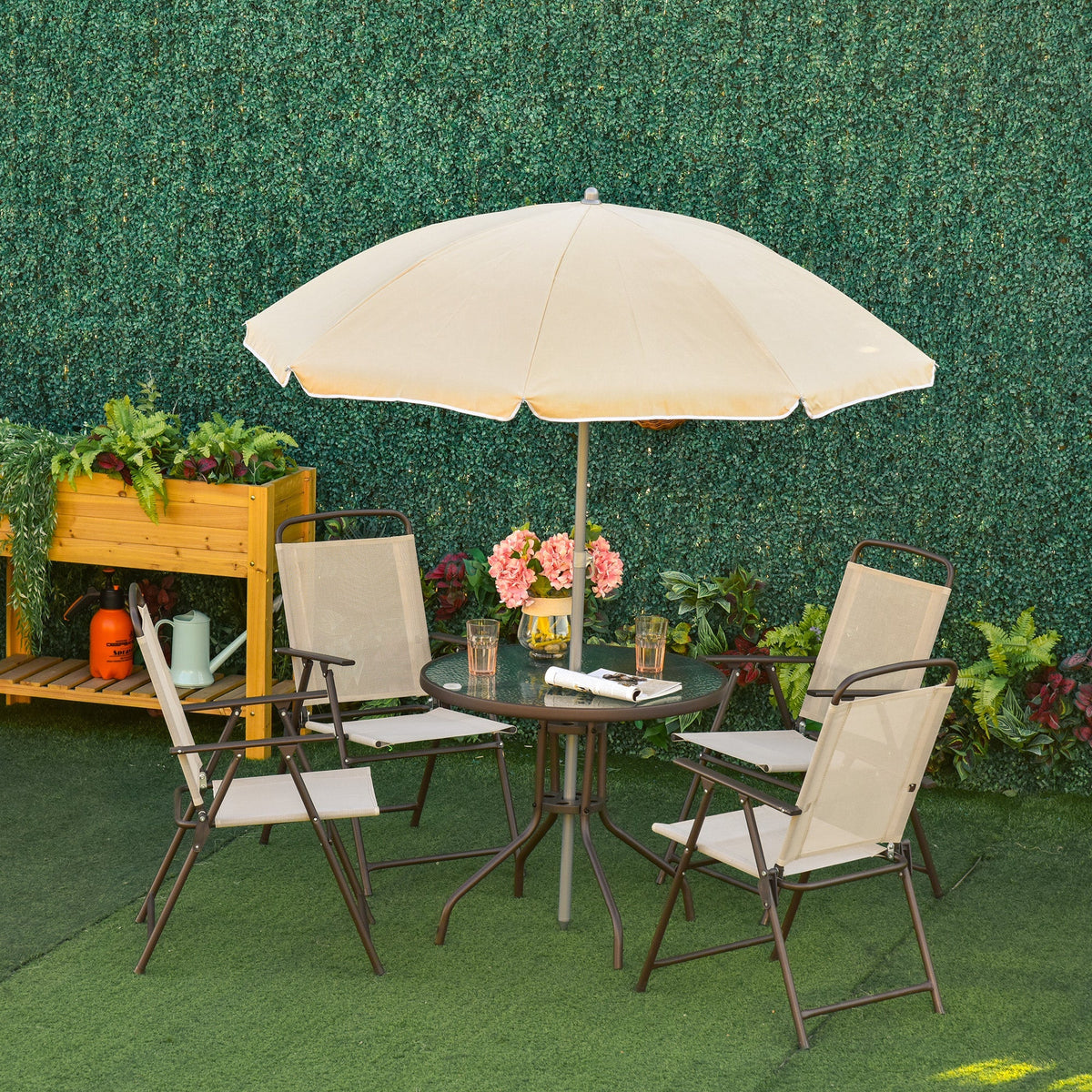 6 Piece Outdoor Dining Sets for 4 with Umbrella, 4 Folding Chairs & Round Glass Table, Beige