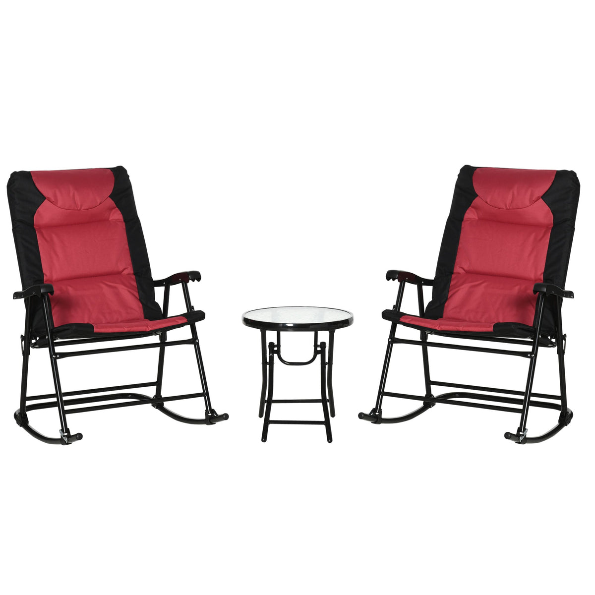 3pc Patio Foldable Rocking Chair Set, Outdoor Rocking Chairs and Table Bistro Set, Red