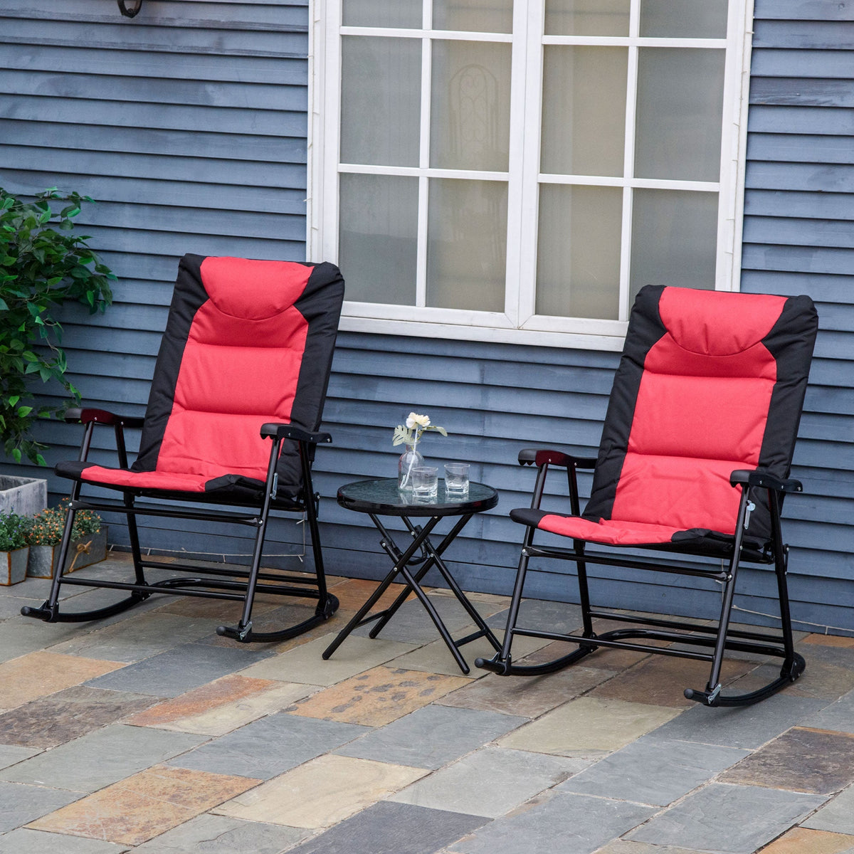3pc Patio Foldable Rocking Chair Set, Outdoor Rocking Chairs and Table Bistro Set, Red