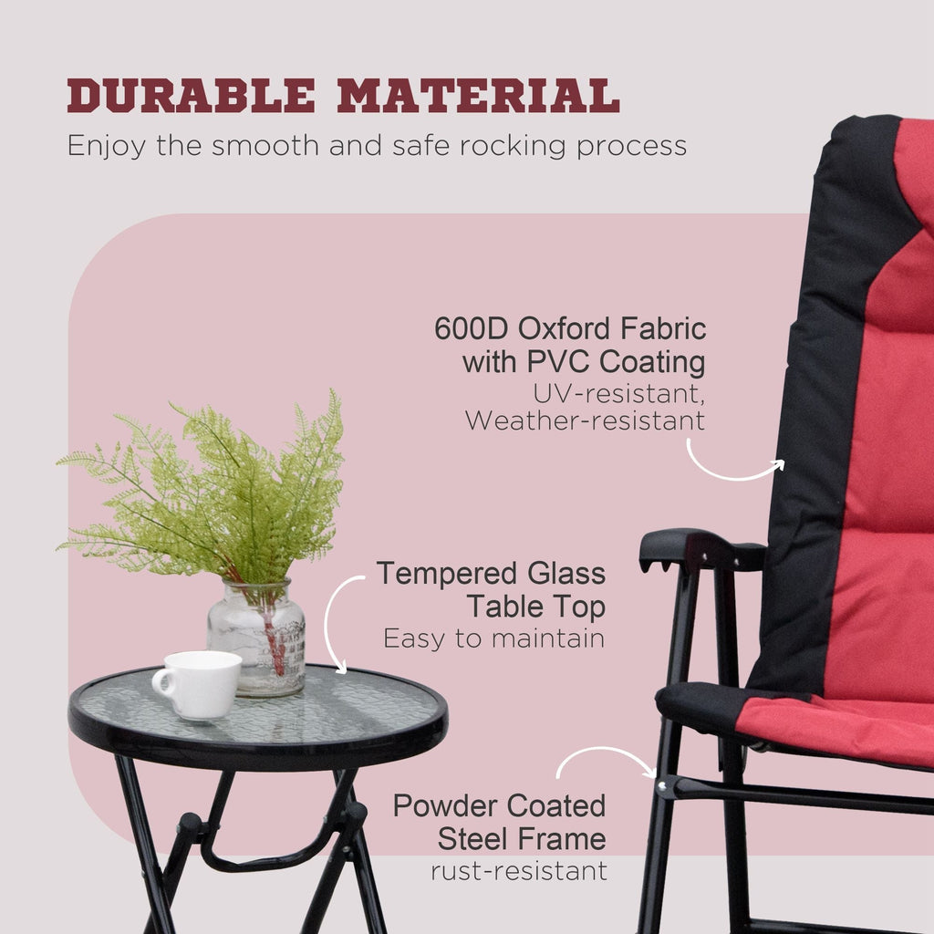 3pc Patio Foldable Rocking Chair Set, Outdoor Rocking Chairs and Table Bistro Set, Red