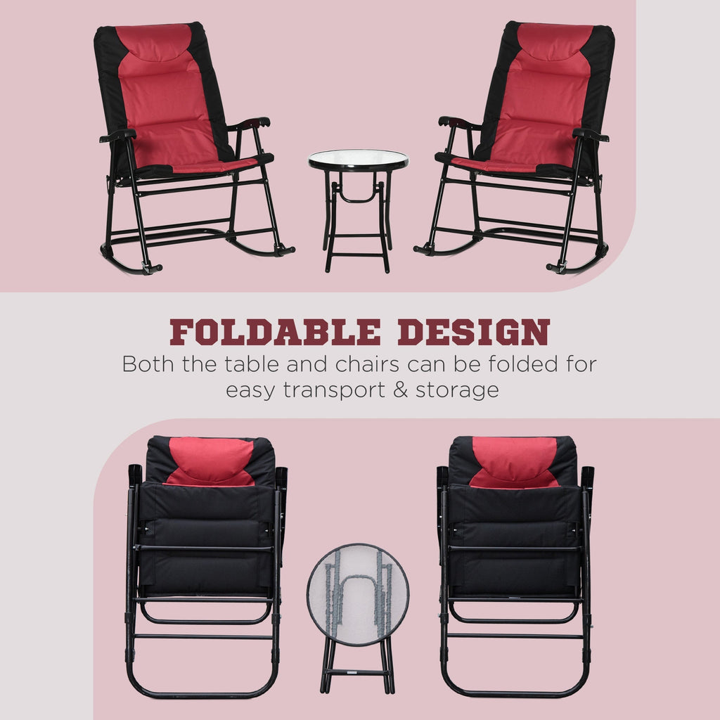 3pc Patio Foldable Rocking Chair Set, Outdoor Rocking Chairs and Table Bistro Set, Red
