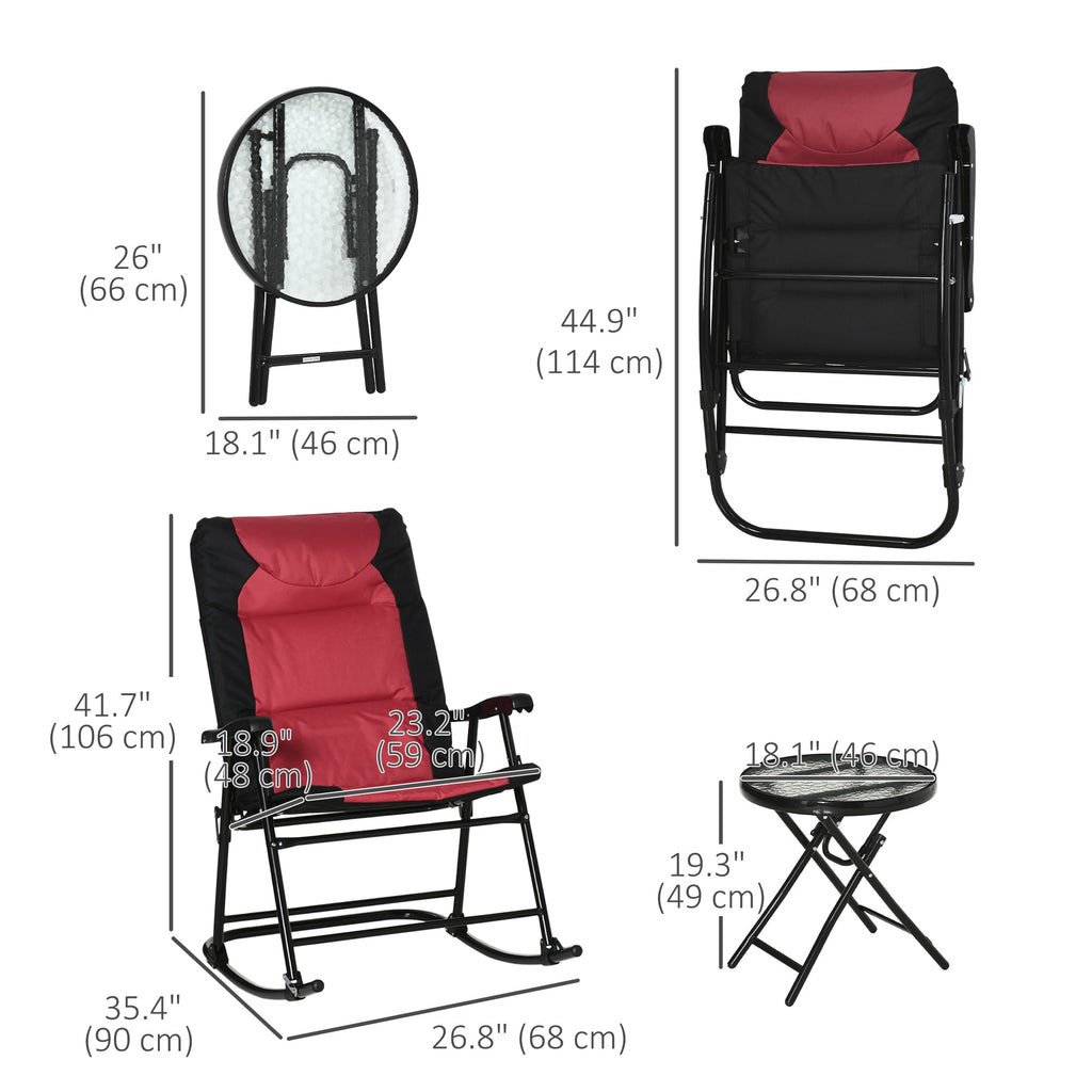 3pc Patio Foldable Rocking Chair Set, Outdoor Rocking Chairs and Table Bistro Set, Red