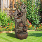 2-in-1 Resin Garden Water Fountain with Birdhouse, LED Lights & Tree Trunk Design, Multi-colour