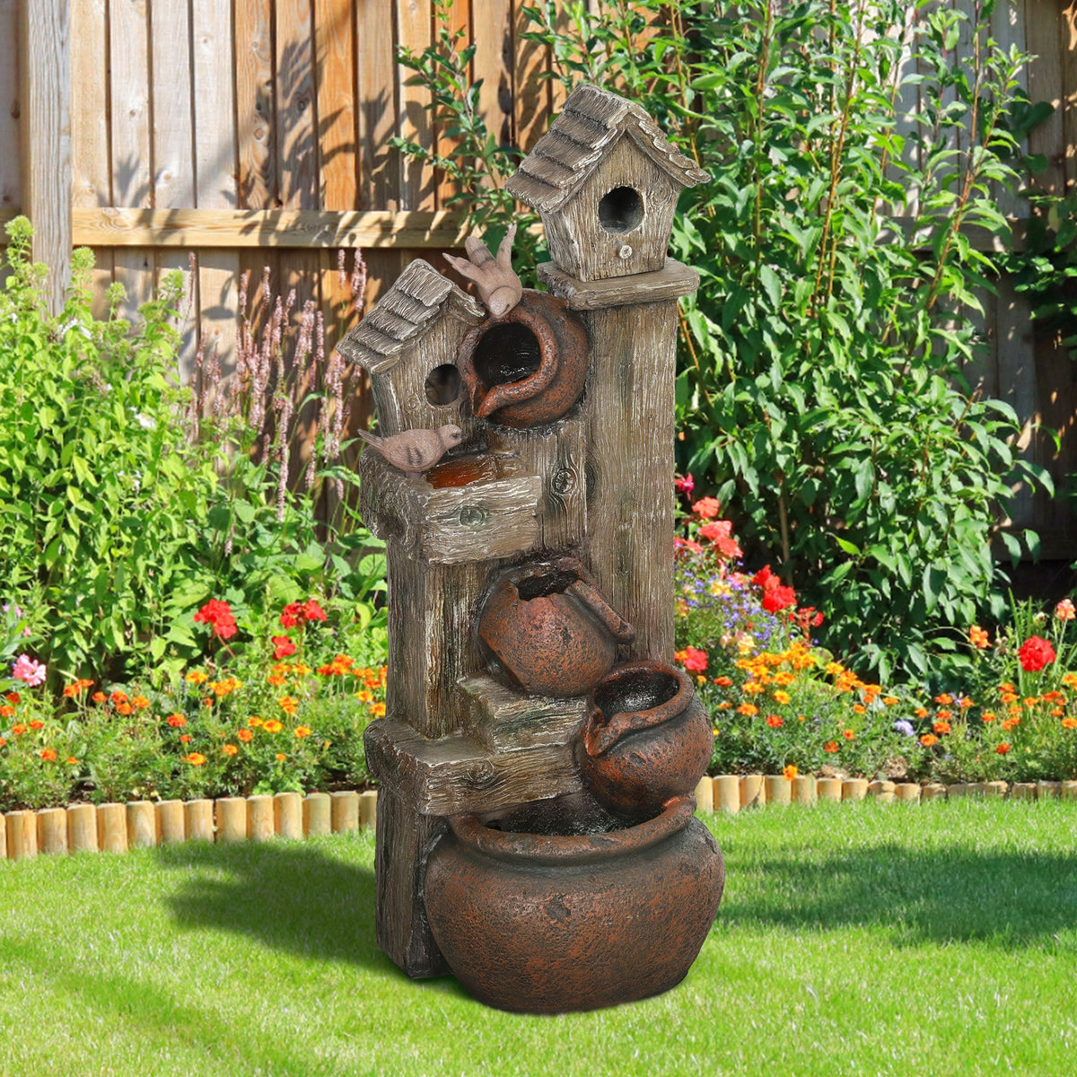 2-in-1 Resin Garden Water Fountain with Birdhouse, LED Lights & Tree Trunk Design, Multi-colour