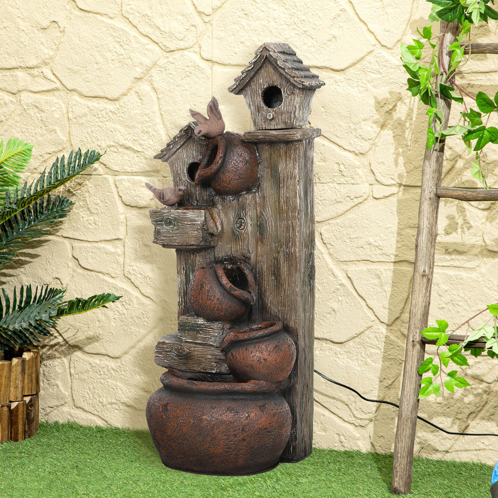 2-in-1 Resin Garden Water Fountain with Birdhouse, LED Lights & Tree Trunk Design, Multi-colour