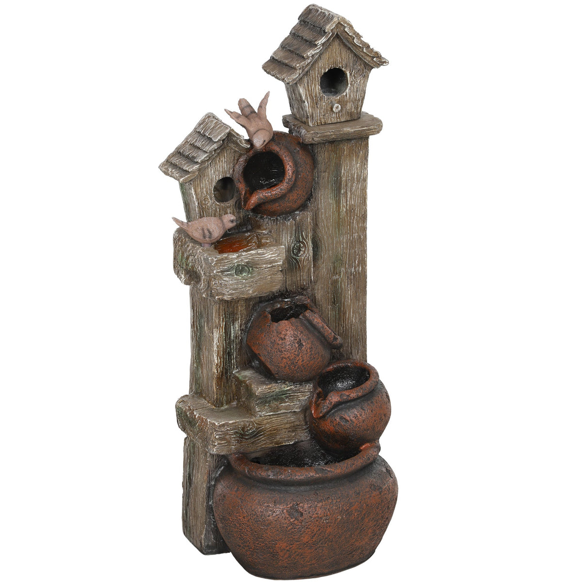 2-in-1 Resin Garden Water Fountain with Birdhouse, LED Lights & Tree Trunk Design, Multi-colour
