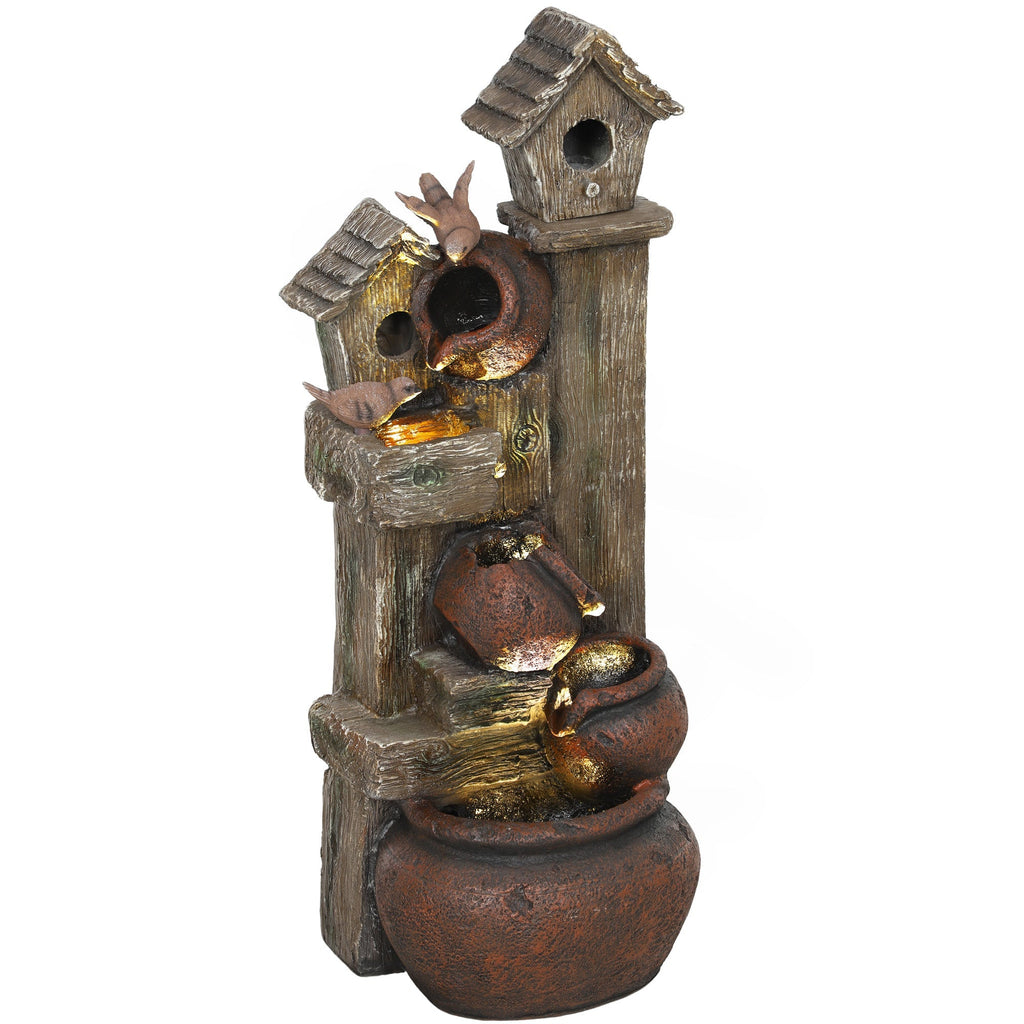2-in-1 Resin Garden Water Fountain with Birdhouse, LED Lights & Tree Trunk Design, Multi-colour