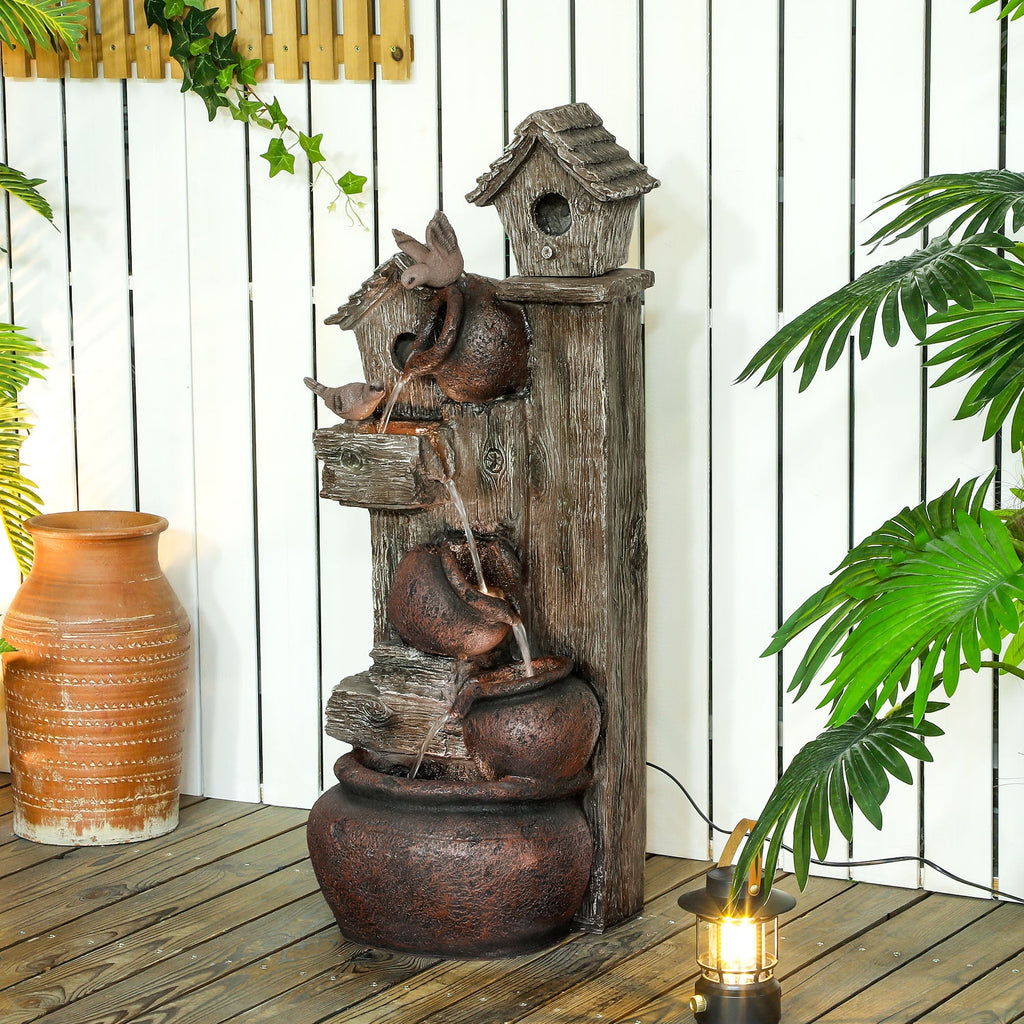2-in-1 Resin Garden Water Fountain with Birdhouse, LED Lights & Tree Trunk Design, Multi-colour