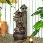 2-in-1 Resin Garden Water Fountain with Birdhouse, LED Lights & Tree Trunk Design, Multi-colour