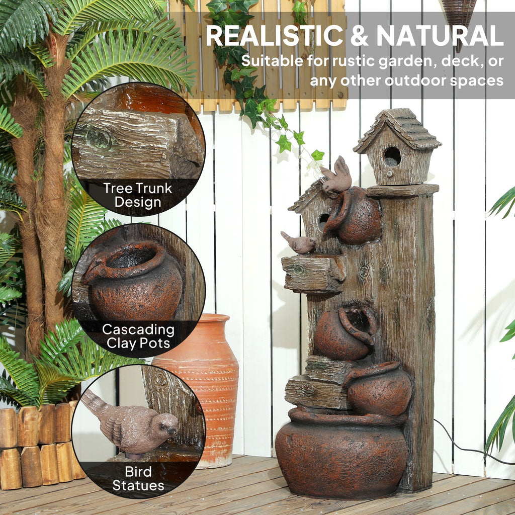 2-in-1 Resin Garden Water Fountain with Birdhouse, LED Lights & Tree Trunk Design, Multi-colour