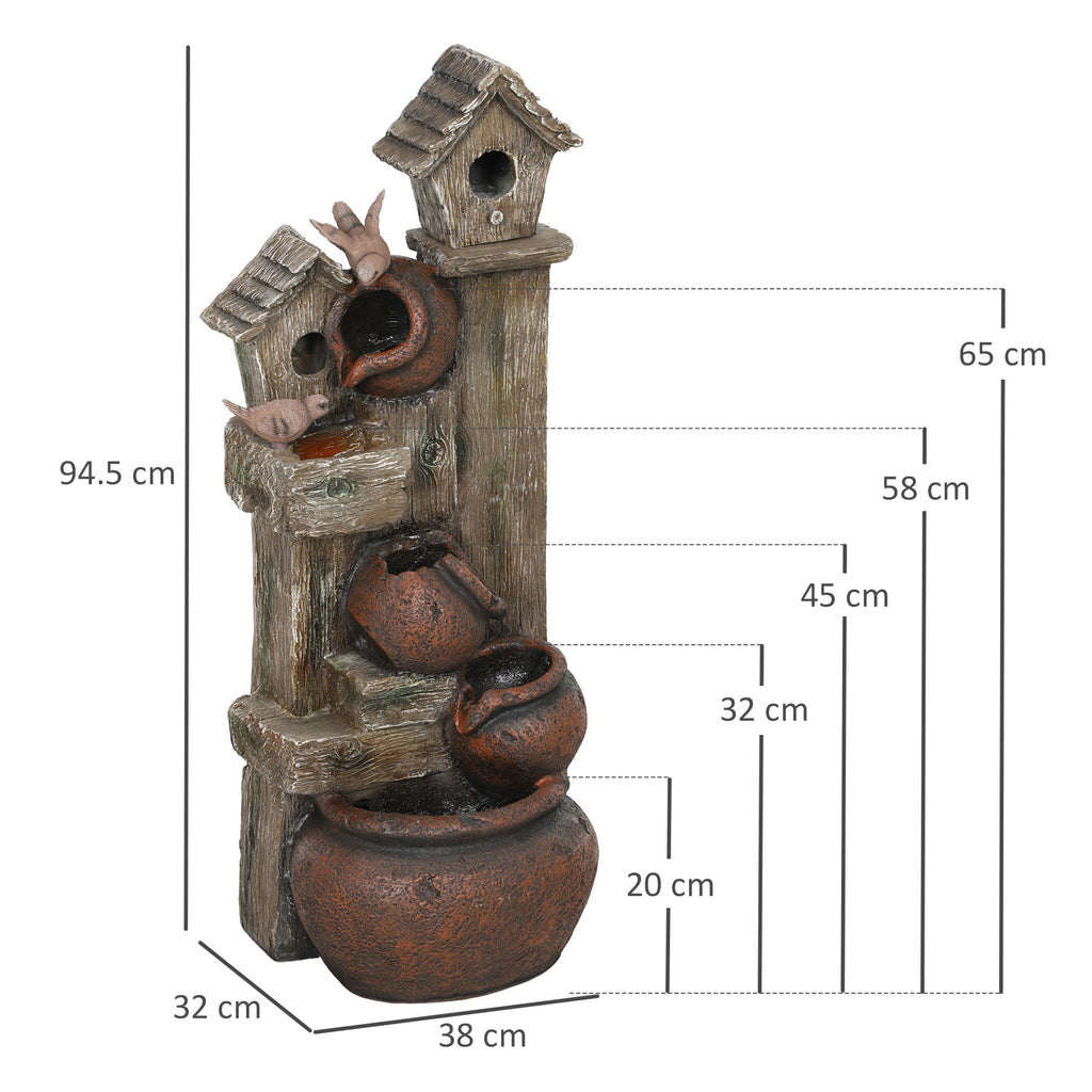2-in-1 Resin Garden Water Fountain with Birdhouse, LED Lights & Tree Trunk Design, Multi-colour