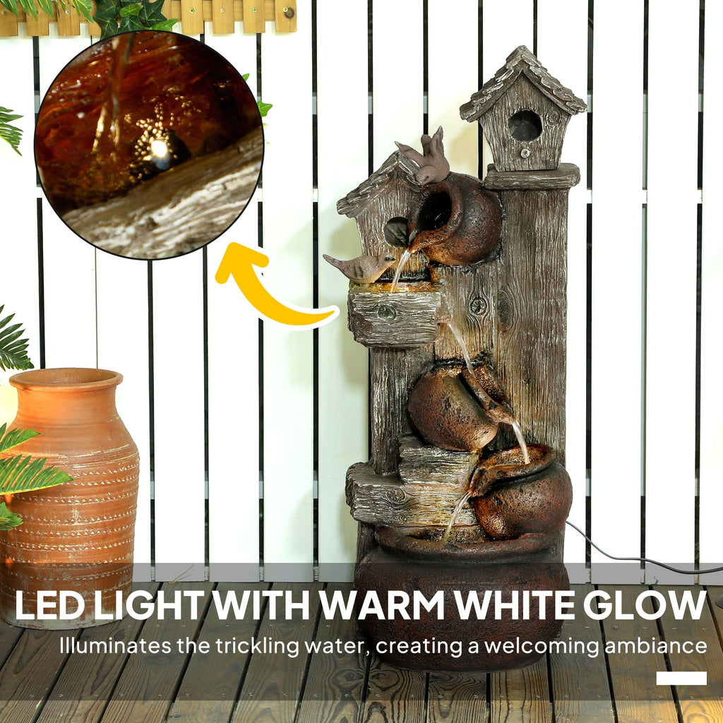 2-in-1 Resin Garden Water Fountain with Birdhouse, LED Lights & Tree Trunk Design, Multi-colour