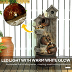 2-in-1 Resin Garden Water Fountain with Birdhouse, LED Lights & Tree Trunk Design, Multi-colour