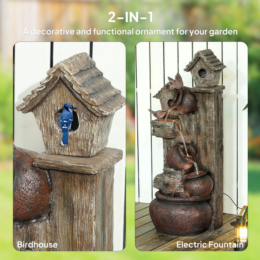 2-in-1 Resin Garden Water Fountain with Birdhouse, LED Lights & Tree Trunk Design, Multi-colour