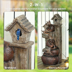 2-in-1 Resin Garden Water Fountain with Birdhouse, LED Lights & Tree Trunk Design, Multi-colour