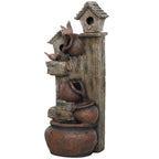 2-in-1 Resin Garden Water Fountain with Birdhouse, LED Lights & Tree Trunk Design, Multi-colour