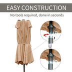 15' Steel Rectangular Double-Sided Patio Umbrella with UV Protection & Easy Crank, Coffee