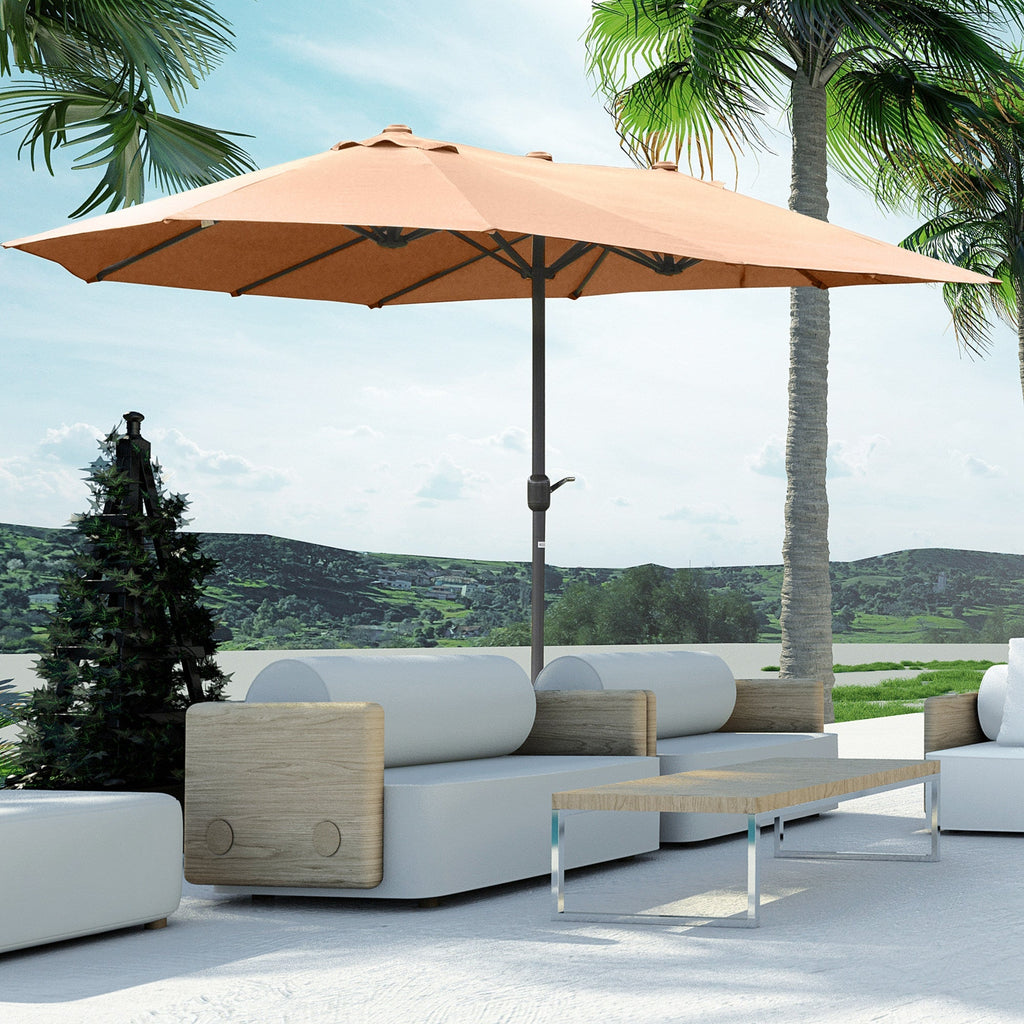 15' Steel Rectangular Double-Sided Patio Umbrella with UV Protection & Easy Crank, Coffee