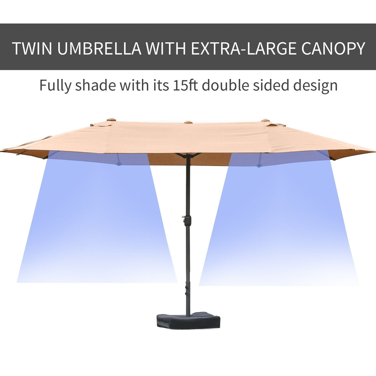 15' Steel Rectangular Double-Sided Patio Umbrella with UV Protection & Easy Crank, Coffee