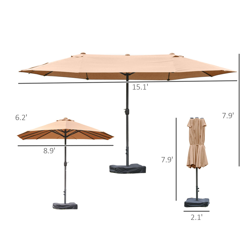 15' Steel Rectangular Double-Sided Patio Umbrella with UV Protection & Easy Crank, Coffee