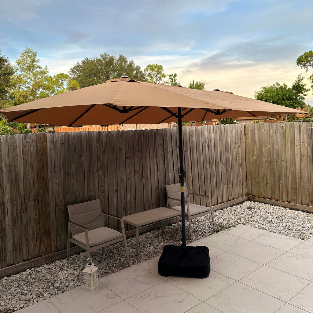 15' Steel Rectangular Double-Sided Patio Umbrella with UV Protection & Easy Crank, Coffee