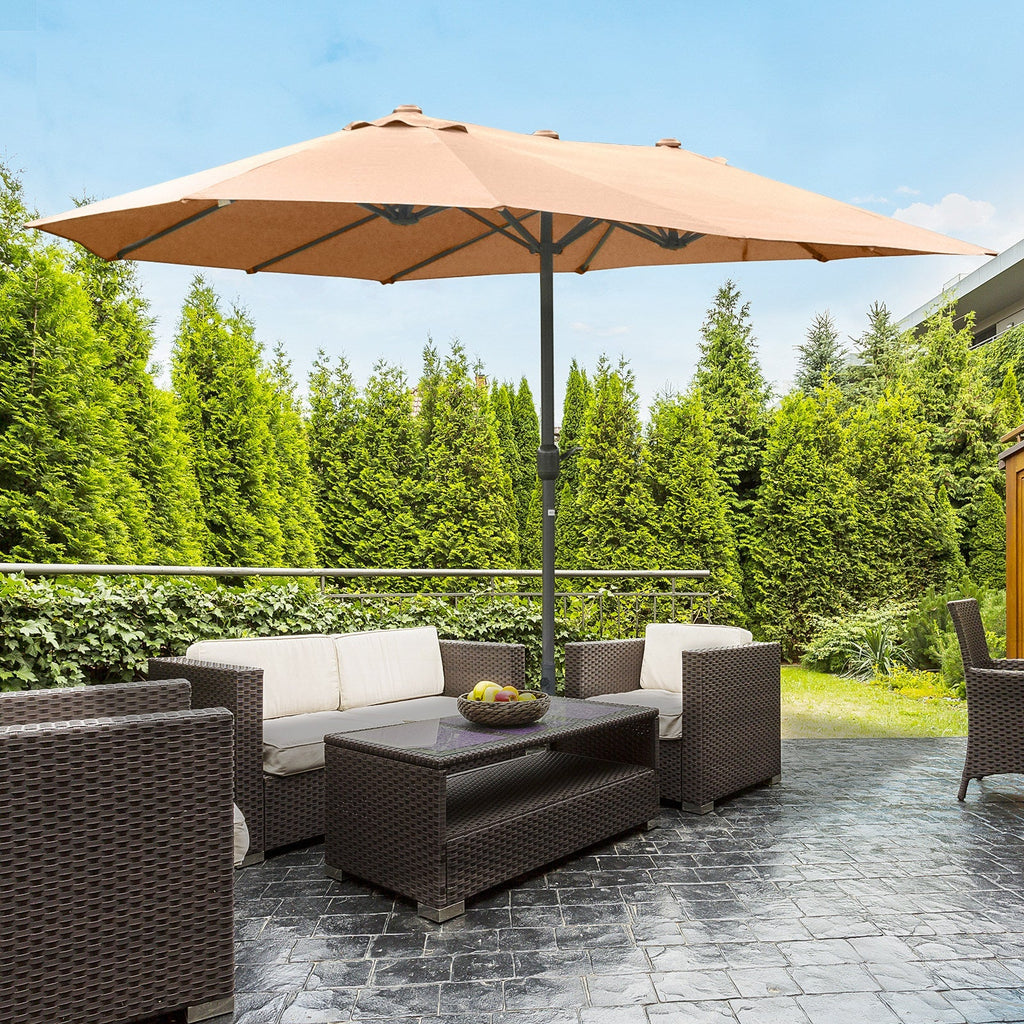 15' Steel Rectangular Double-Sided Patio Umbrella with UV Protection & Easy Crank, Coffee