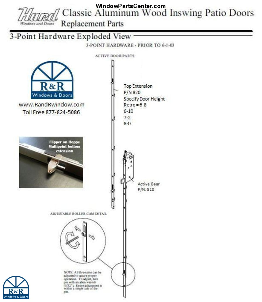 810 - Hoppe 3-Point Gear Box and Extension Flipper/Tongue  Style - (For Hurd Doors 2005 and Prior)