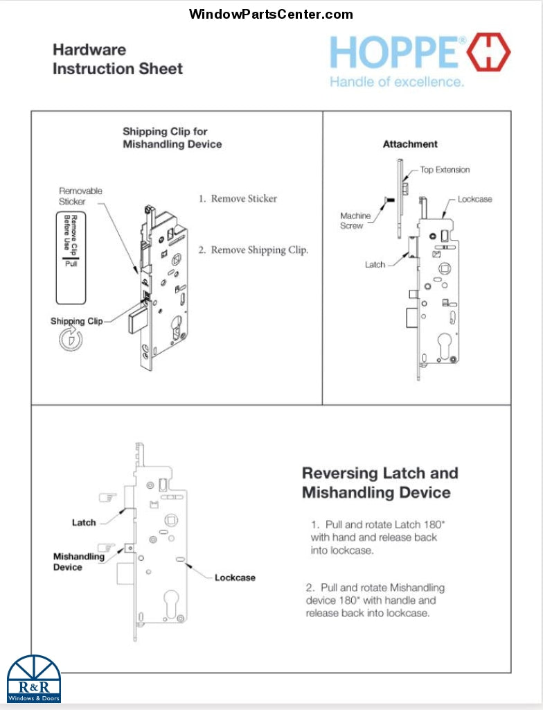 810 - Hoppe 3-Point Gear Box and Extension Flipper/Tongue  Style - (For Hurd Doors 2005 and Prior)