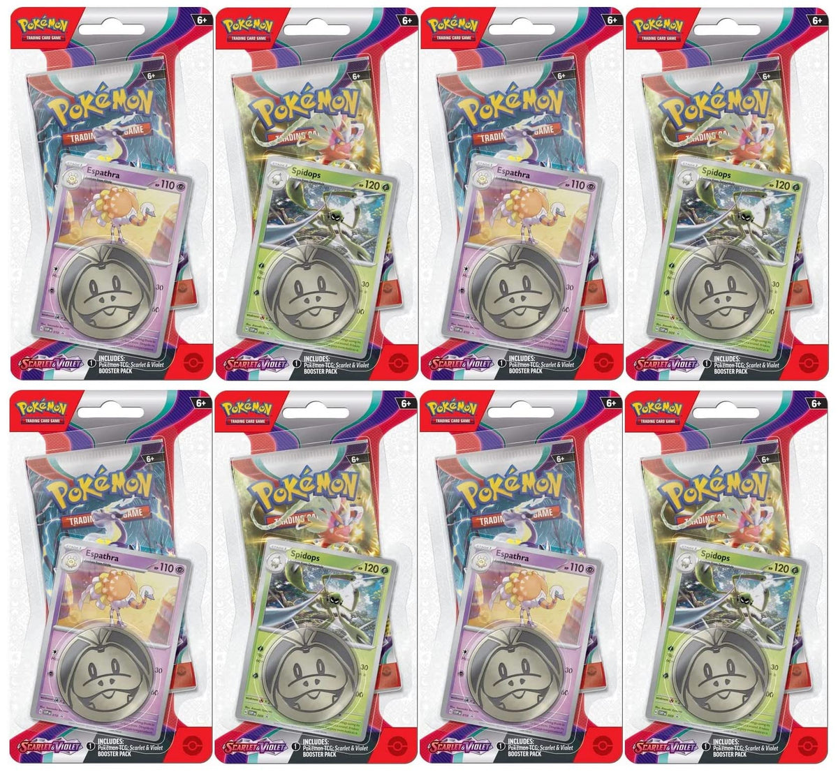 Pokemon TCG: Scarlet and Violet Checklane Espathra and Spidops Blister Booster Pack Bundle, 8 Packs 80 Cards