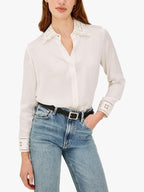 Rails Clarise Embroidered Pure Silk Women's Long-Sleev Shirt White - Size XS