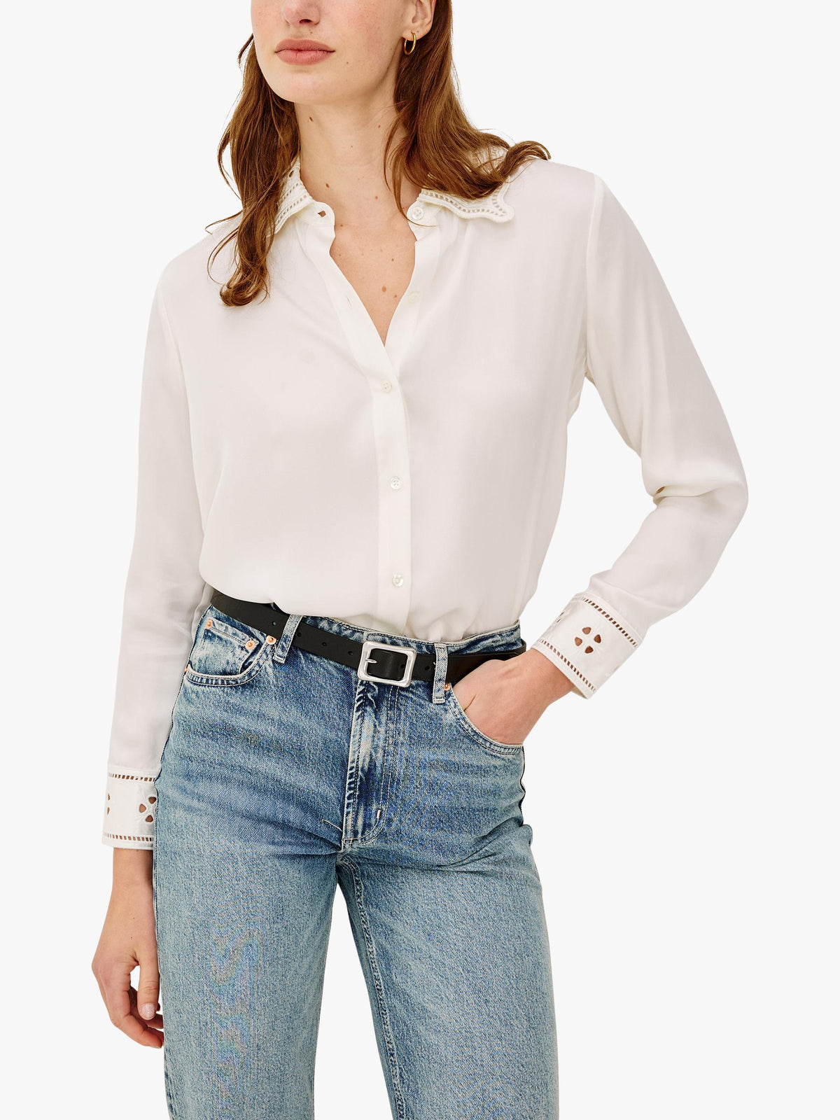 Rails Clarise Embroidered Pure Silk Women's Long-Sleev Shirt White - Size XS