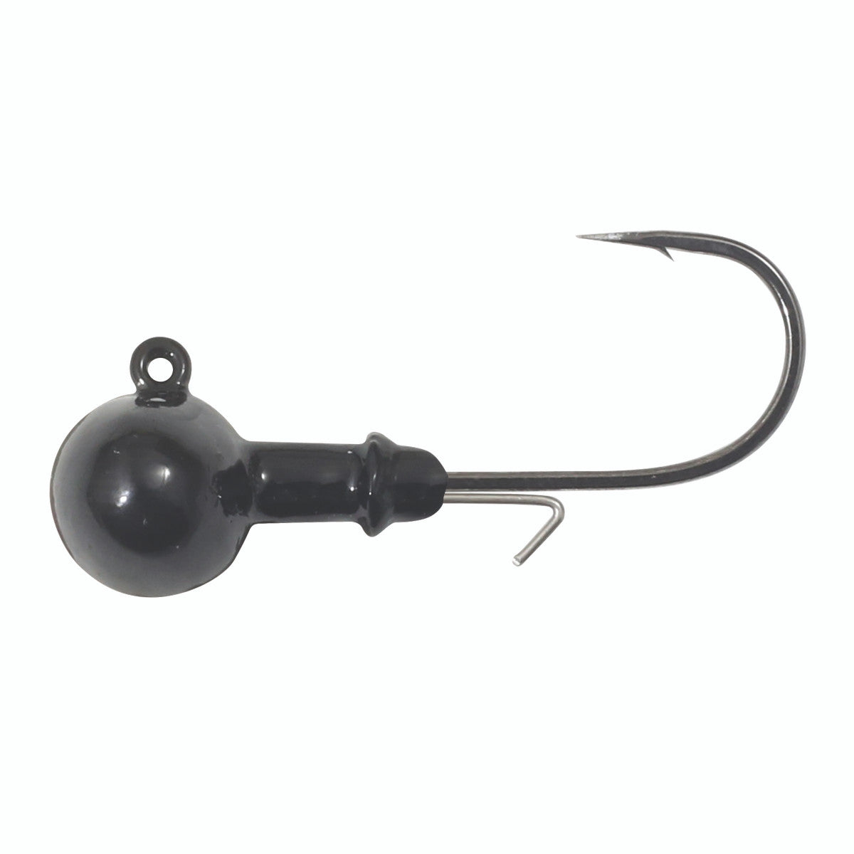 Close-up of a black Northland Finesse Football Jig fishing lure with a sharp curved hook and a rounded weighted head designed for precision fishing tackle.