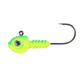 Northland Smeltinator Jig fishing lure with bright green and yellow ribbed body, realistic eye detail, and sharp single hook for effective fishing tackle.