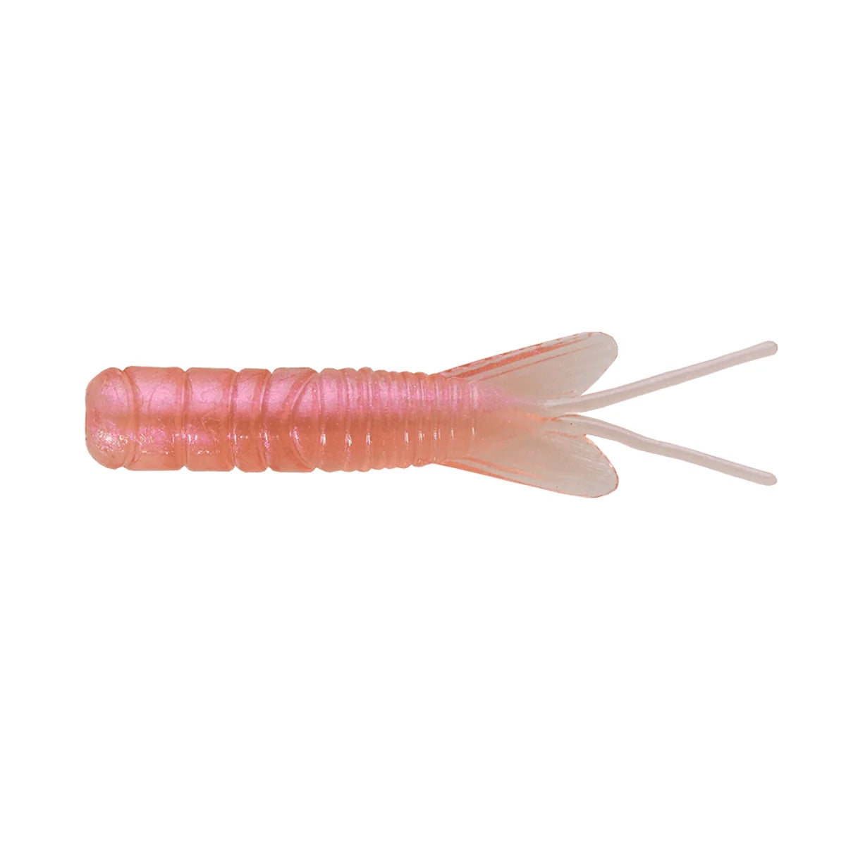 Northland Pan-Candy Larvae Bug fishing lure in translucent pink with segmented body and dual tail strands, designed for effective fishing tackle use.