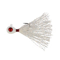 Northland Tungsten Crappie Queen Jig fishing lure with a white weighted head, red detailed eye, and iridescent white skirt strands designed for effective fishing tackle.
