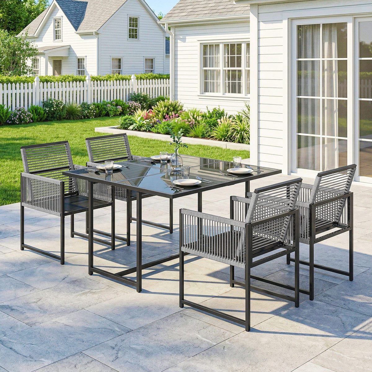 Outsunny 5 Pieces Garden Dining Set, Outdoor Patio Cube Set, 4 Seater Outdoor Table and Chairs with Foldable Backrest, Light Grey - Wise Galleria Garden Dining Sets