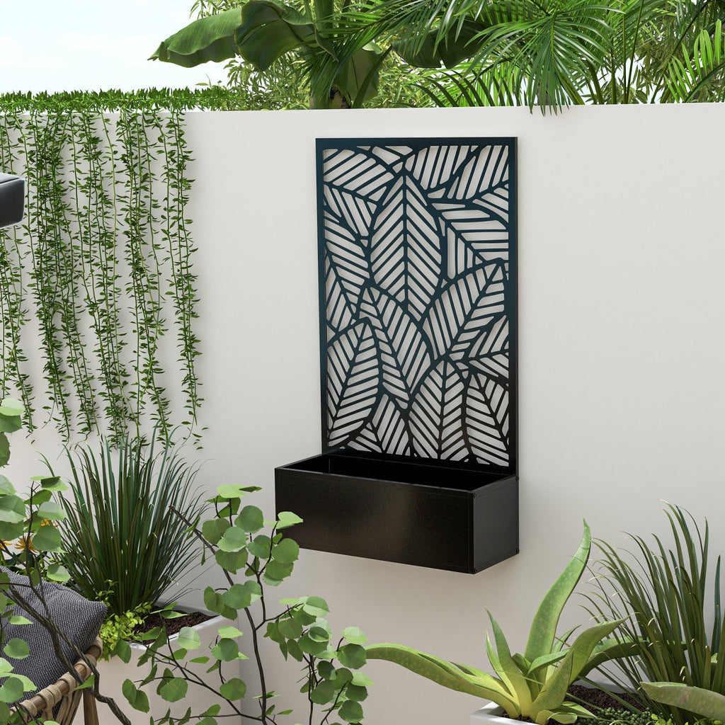 Outdoor Privacy Screen with Planter Box, Metal Privacy Panel, and Raised Garden Bed, Wall-Mounted or Freestanding for Garden, Patio, Pool, Hot Tub, Black