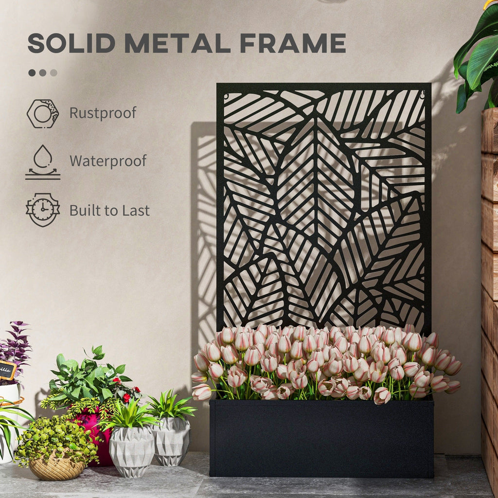 Outdoor Privacy Screen with Planter Box, Metal Privacy Panel, and Raised Garden Bed, Wall-Mounted or Freestanding for Garden, Patio, Pool, Hot Tub, Black