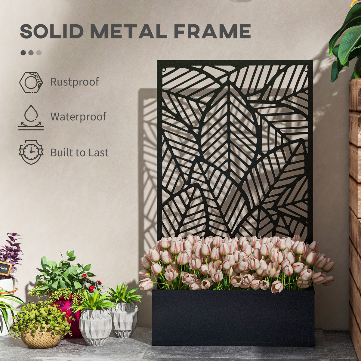 Outdoor Privacy Screen with Planter Box, Metal Privacy Panel, and Raised Garden Bed, Wall-Mounted or Freestanding for Garden, Patio, Pool, Hot Tub, Black