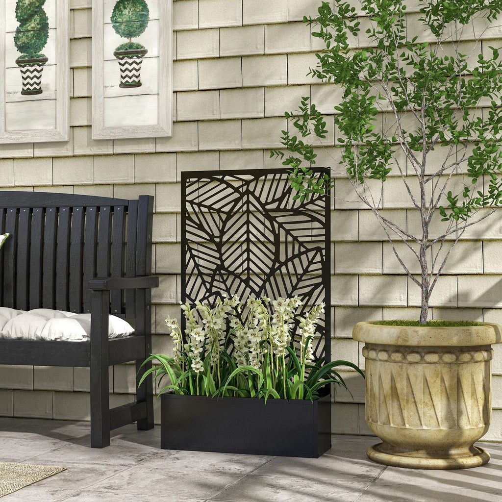 Outdoor Privacy Screen with Planter Box, Metal Privacy Panel, and Raised Garden Bed, Wall-Mounted or Freestanding for Garden, Patio, Pool, Hot Tub, Black