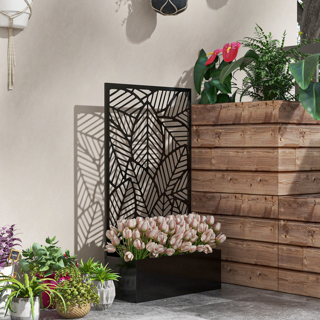 Outdoor Privacy Screen with Planter Box, Metal Privacy Panel, and Raised Garden Bed, Wall-Mounted or Freestanding for Garden, Patio, Pool, Hot Tub, Black