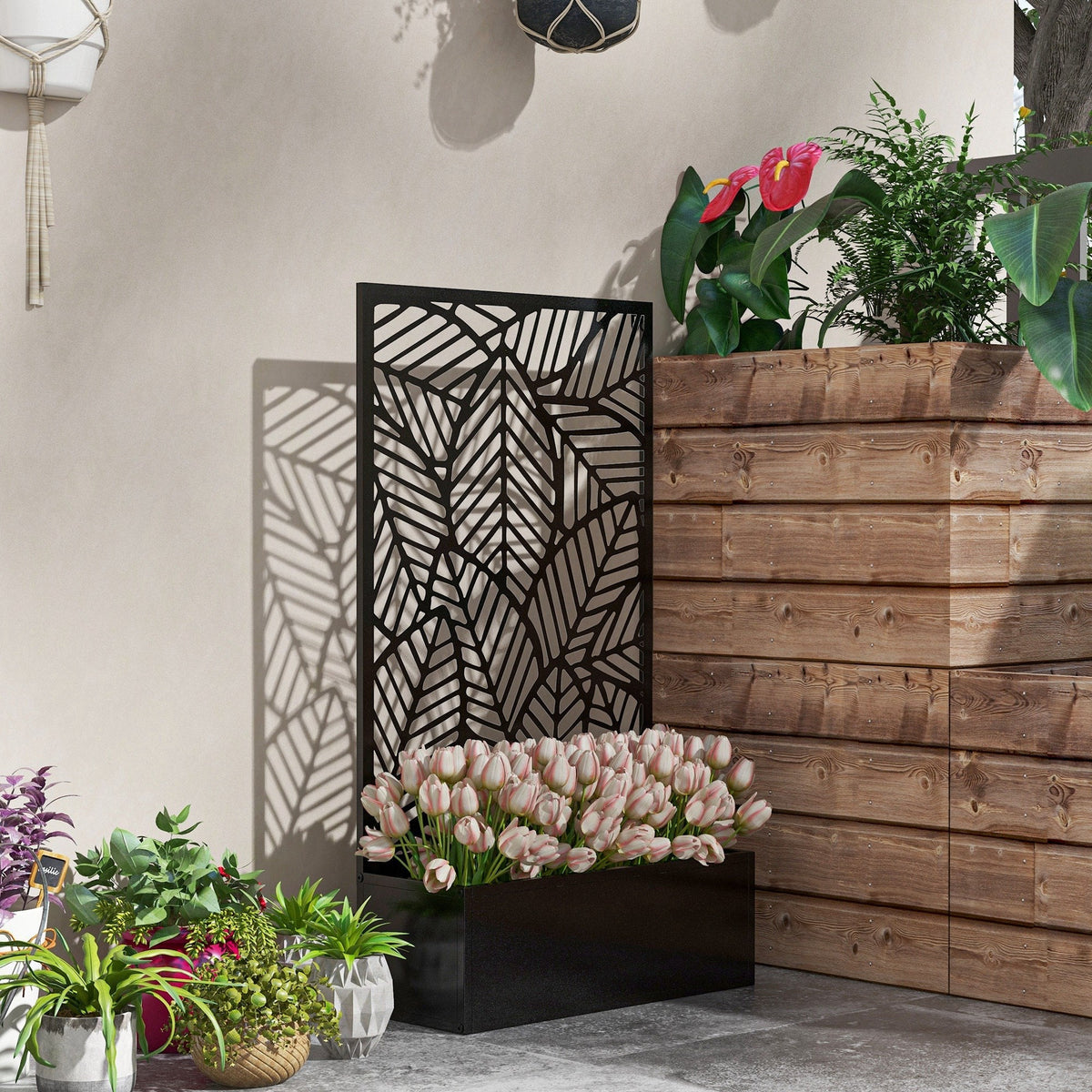 Outdoor Privacy Screen with Planter Box, Metal Privacy Panel, and Raised Garden Bed, Wall-Mounted or Freestanding for Garden, Patio, Pool, Hot Tub, Black