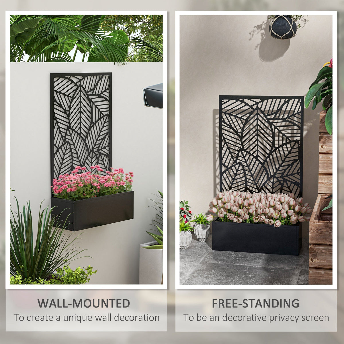 Outdoor Privacy Screen with Planter Box, Metal Privacy Panel, and Raised Garden Bed, Wall-Mounted or Freestanding for Garden, Patio, Pool, Hot Tub, Black