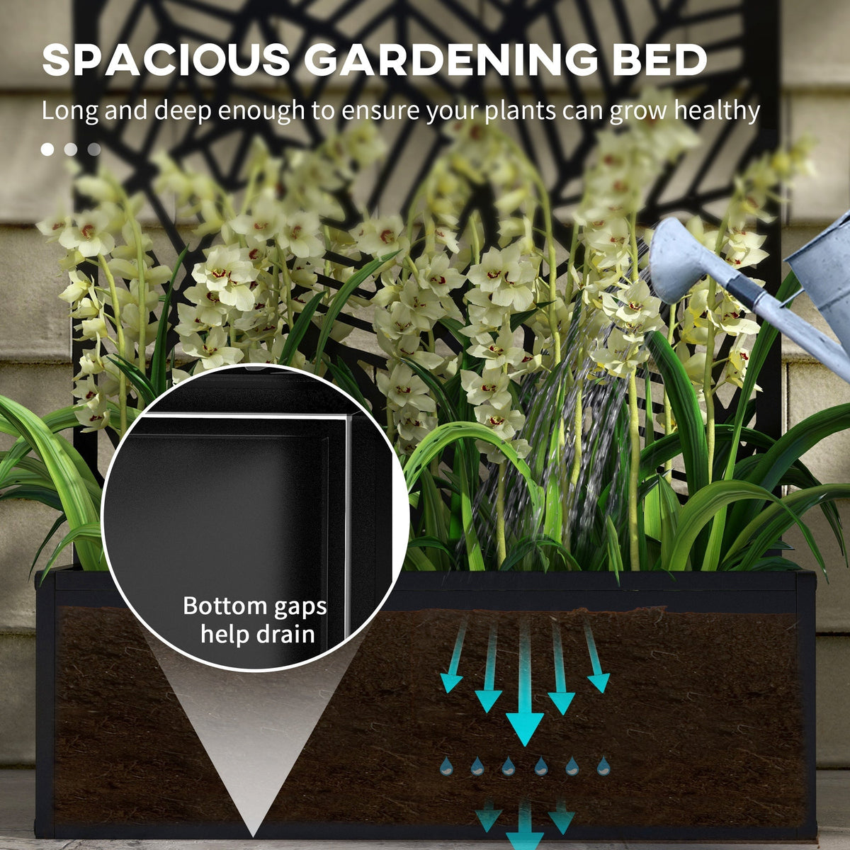 Outdoor Privacy Screen with Planter Box, Metal Privacy Panel, and Raised Garden Bed, Wall-Mounted or Freestanding for Garden, Patio, Pool, Hot Tub, Black